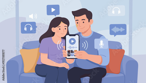 Young man and woman sitting on a couch, choosing and listening to a podcast via a mobile app on a smartphone. Modern flat vector illustration featuring audio icons, headphones, and microphone.