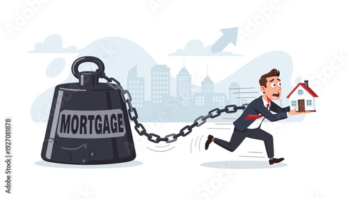 Businessman running away from a heavy mortgage weight while holding a small house model. Financial burden of home ownership, debt crisis, real estate investment and economic pressure vector art.
