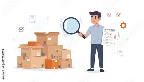 Professional Man Inspecting Cardboard Boxes with Magnifying Glass and Quality Check Checklist, Concept of Product Quality Control, Warehouse Inspection, Logistics Management, and Shipping Standards.