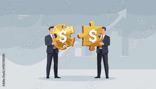 Business partnership and merger concept with businessmen connecting golden dollar sign puzzle pieces for fundraising, venture capital, financial growth, investment success, and collaboration.