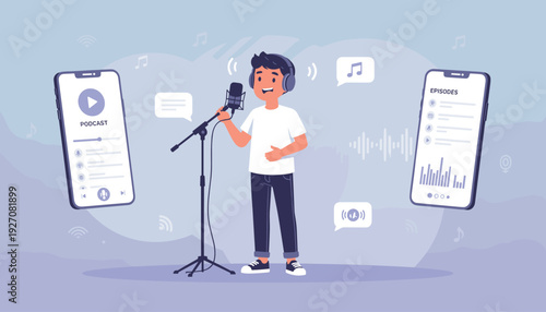 Young Man Recording Audio Podcast with Professional Microphone and Headphones, Digital Content Creator Broadcasting via Mobile App Interface, Vector Illustration of Online Radio and Streaming