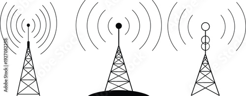 Set of three black and white vector icons showing wireless communication towers with signal waves, isolated transmission antennas, modern technology concept