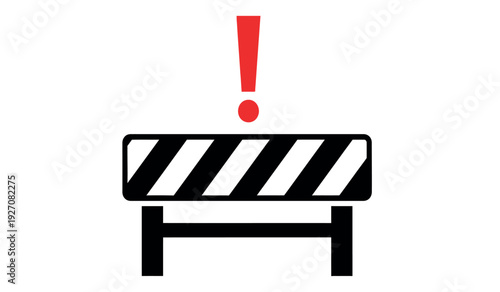 Black and white road barrier icon with red exclamation mark for warning or caution signs
