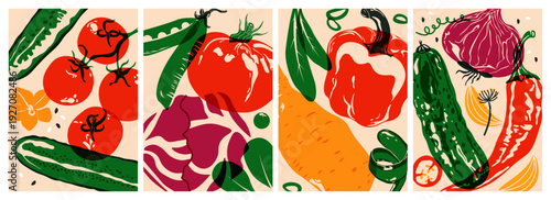 Fresh vegetable poster set. Organic natural food products for healthy diet, vintage vegetarian food covers for grocery store farm market restaurant menu. Vector abstract collection