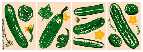 Cucumber posters. Organic vegetable backgrounds vintage style, abstract veggies food, fresh natural farm products for healthy diet, green pickles risograph covers. Vector set