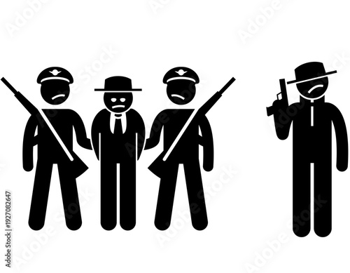 Stick figures depicting two armed guards escorting a man in a suit, while another armed figure stands apart holding a handgun.
