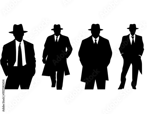 Four black silhouettes of men in suits and fedora hats, depicting a classic detective or gangster style, standing and walking.