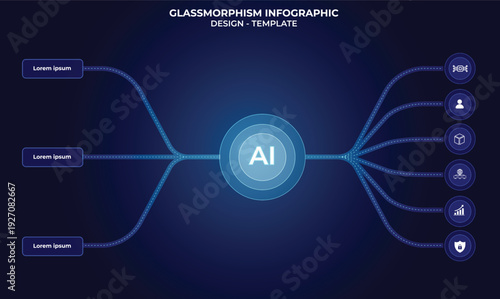 Circular infographic template in bright blue glassmorphism with nine vibrant option buttons, designed for AI technology concepts. Modern icons UI, UX design, digital education,tech  data visualization