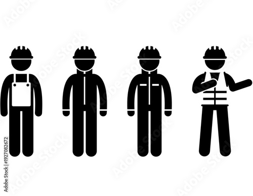 Four stick figures representing various industrial workers or construction professionals wearing hard hats and uniforms.