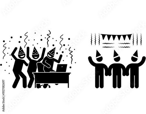 Stick figures celebrating success and having a party with hats, confetti, and banners, depicting joy and teamwork.