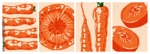 Carrot background set. Abstract vegetable posters with flat risograph carrots, organic agriculture healthy food cover design. Vector vintage collection