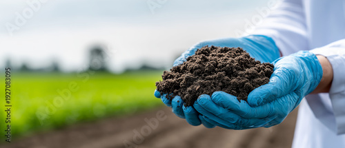 Scientist hands wearing blue latex gloves holding a pile of rich dark fertile soil with a blurred green agricultural field in background