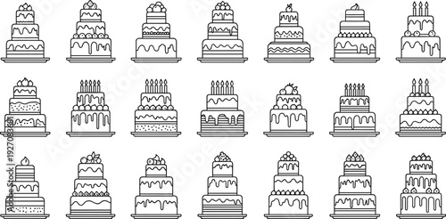 Black and white line of various decorated cakes line black and white bakery desserts