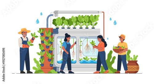Diverse Team Engaged in Vertical Hydroponics and Sustainable Urban Farming. Modern Agriculture Technology and Future Food Production Illustration.