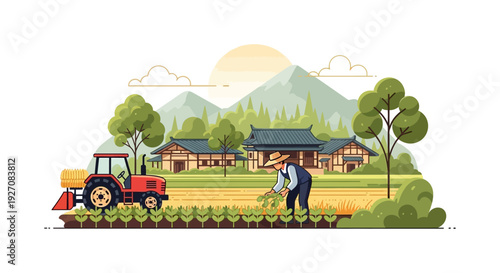 Asian Farmer Working in Crop Field with Red Tractor near Traditional Village Houses and Mountains. Agriculture Vector Illustration.