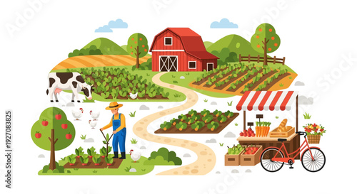 Farm Ecosystem Flat Illustration: Farmer Working, Red Barn, Livestock, Vegetable Fields, and Fresh Produce Market Stand.