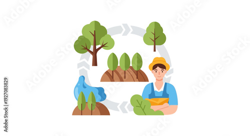 Sustainable Tree Growth Cycle Illustration. Farmer Cultivating Saplings, Planting, and Reforestation Process Diagram for Environmental Ecology.
