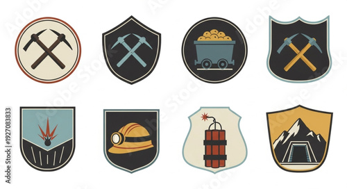 Collection of mining emblems and badges with various symbols and designs.