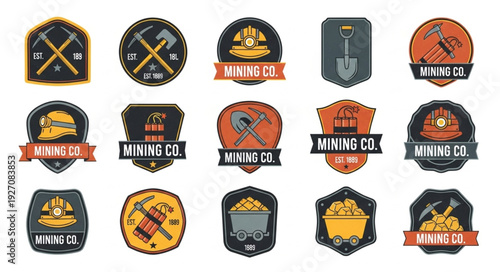 Collection of mining company badges and emblems with tools and elements.