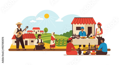 Traditional Village Market Scene: People, Local Food Stall, Musician, and Farm Life in Flat Vector Illustration
