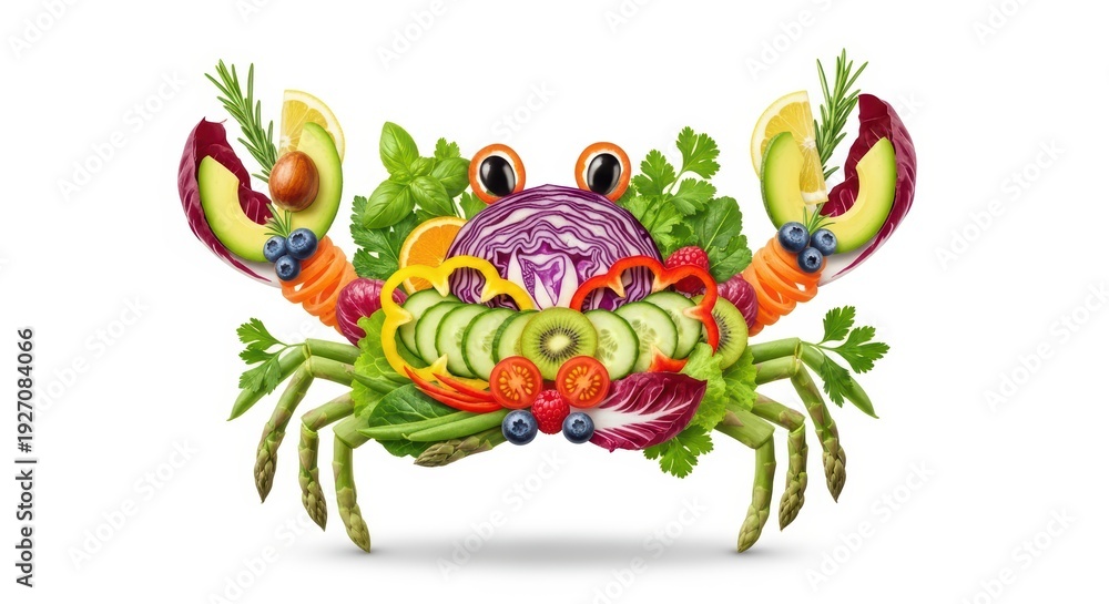 Fototapeta premium Creative crab made of fresh vegetables and fruits
