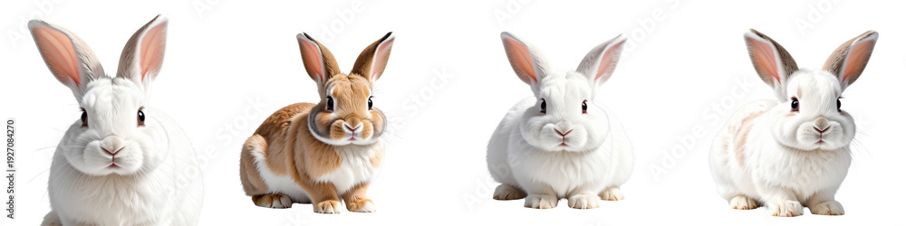 Obraz premium Group of white and brown rabbits looking cute isolated on transparent background