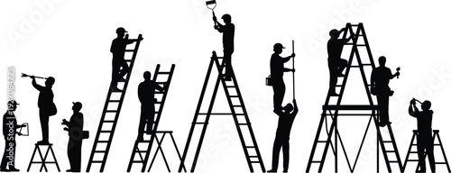 Silhouettes of construction workers using ladders, painting, repairing, teamwork, safety helmets, maintenance work, industrial labor, outdoor work, building renovation, tools usage