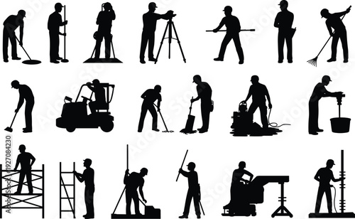 Silhouettes of construction workers performing various tasks, using tools, machinery, scaffolding, teamwork, safety helmets, outdoor work, industrial labor, maintenance, building site