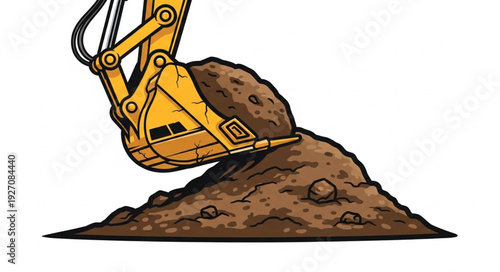 Excavator bucket dumping soil onto a growing pile, construction site activity.