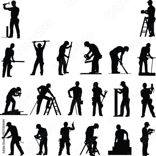 Silhouettes of Construction Workers with Tools, Performing Manual Labor, Measuring, Drilling, and Assembling on Job Site for Industrial Projects