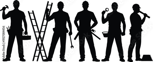 Silhouettes of construction workers with tools, ladders, hard hats, teamwork, industrial labor, manual work, handyman, repair, maintenance, building, safety equipment, construction site