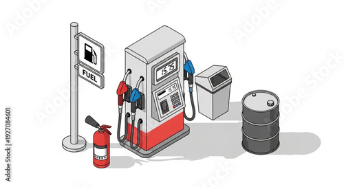 Gas station equipment illustration, including fuel pumps, fire extinguisher, and a barrel.