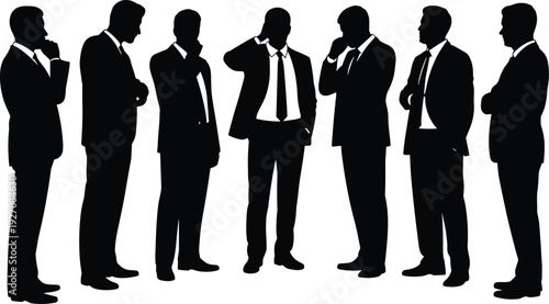 Silhouettes of business men in discussion, thinking poses, formal wear, standing group, black vector illustration, professional teamwork concept, office figures