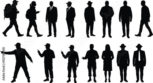Silhouettes of business people, walking figures, casual and formal attire, men and women, diverse postures, communication, teamwork, professional and casual styles