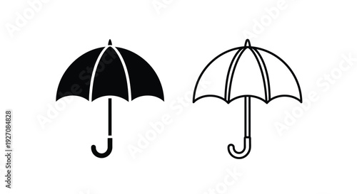 Two umbrella icons one filled one outlined presented in monochrome