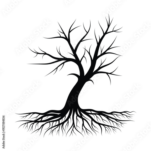 Bare Winter Tree Silhouette with Roots Vector Illustration