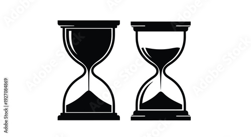 Two black hourglasses displaying different sand levels symbolizing time