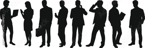 Silhouettes of business professionals using technology, smartphones, laptops, tablets, standing in corporate office attire, communication and teamwork concept illustration