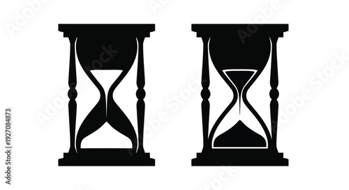Two black hourglasses one full and one partially emptied side by side