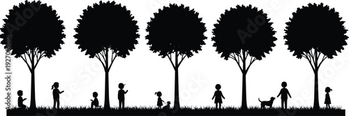 Silhouettes of children playing under trees, outdoor fun, kids and nature, childhood moment, park scene, summer day, dog companion, peaceful illustration, family vibe