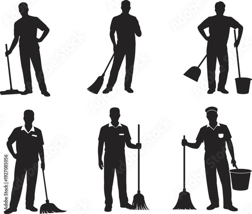 Silhouettes of cleaning workers with mops, brooms, buckets, janitors, professional cleaners, housekeeping, sanitation staff, uniformed workers, cleaning tools, maintenance work