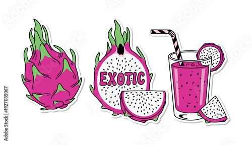 A vibrant illustration of dragon fruit and a refreshing exotic drink, perfect for representing a healthy and tasty summer treat. a whole dragon fruit, a slice, and a glass of pink drink with a straw