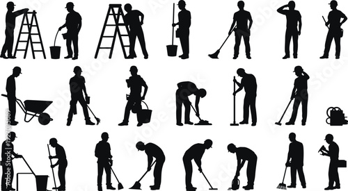 Silhouettes of construction and cleaning workers with tools, ladders, safety gear, maintenance equipment, jobsite activities, labor staff, industrial work