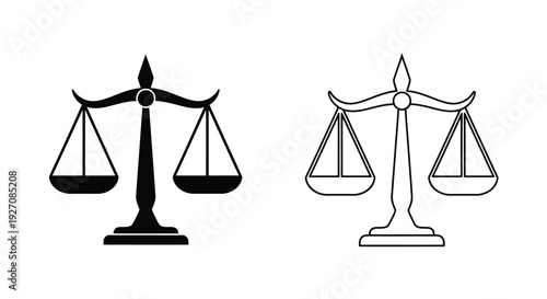 Two scales of justice illustrations one black and one white outline