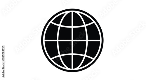 Simple black and white graphic of a world globe with grid lines