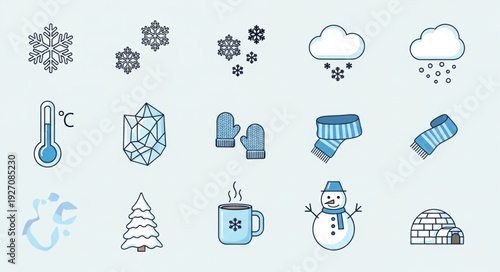 Winter weather icons set with snowflakes, clouds, thermometer, mittens, and snowman.