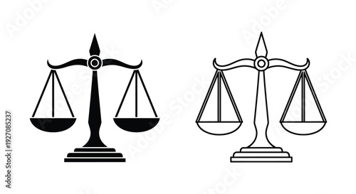 Two black and white illustrations of scales of justice side by side