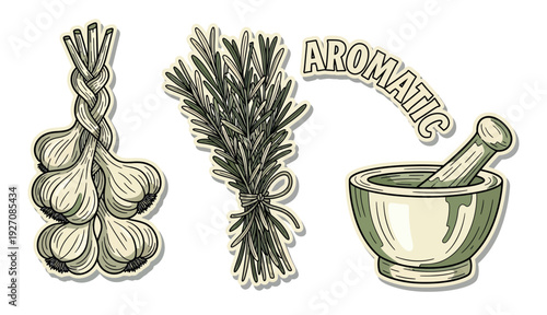 An illustration of aromatic herbs and spices, including a bundle of garlic, a sprig of rosemary, and a mortar and pestle, evoking the senses of flavor and fragrance in the kitchen.