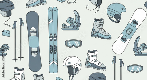 Winter sports equipment pattern with skis, snowboard, boots, and helmets.