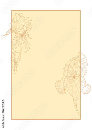 Iris flower, leaves card template outline hand drawn illustration, floral design element, graphic clipart for invitation, card, wedding decor, February birth month flower, botanical line art